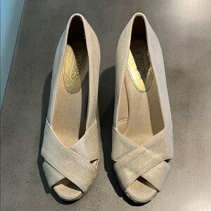 Chaps Cream Gold Shimmer Peep-Toe Espadrille Wedges